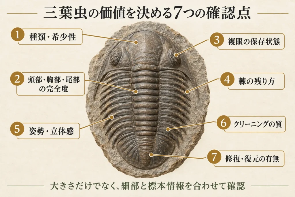 三葉虫の価値を決める種類・完全度・複眼・棘・修復など7つの確認点