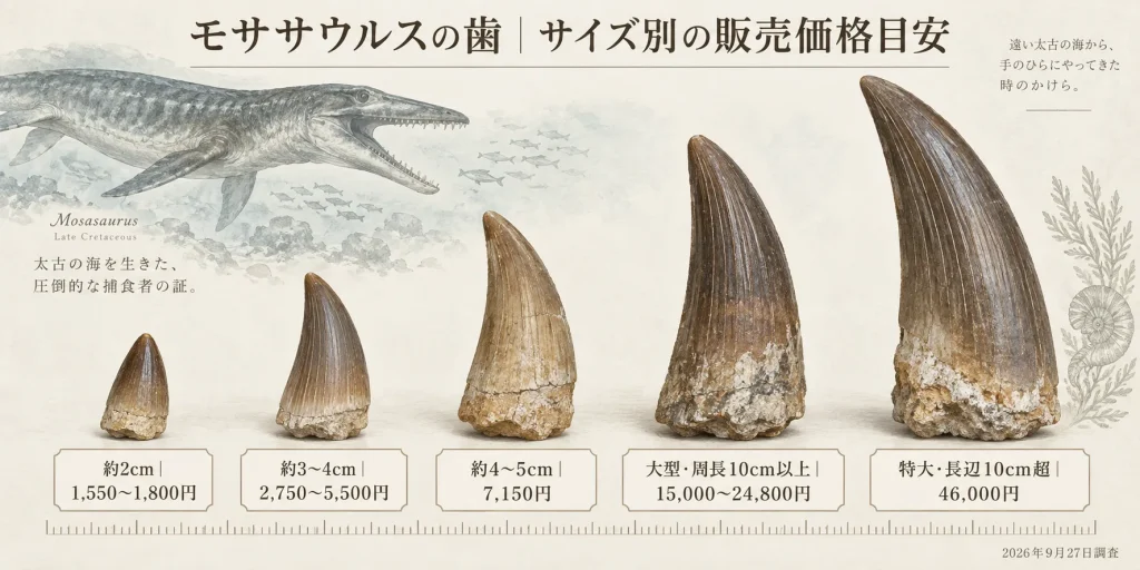モササウルスの歯の販売価格を2cm・3〜4cm・4〜5cm・大型・特大で比較