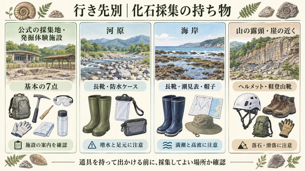 化石採集の行き先別に必要な持ち物と安全装備を比較した一覧