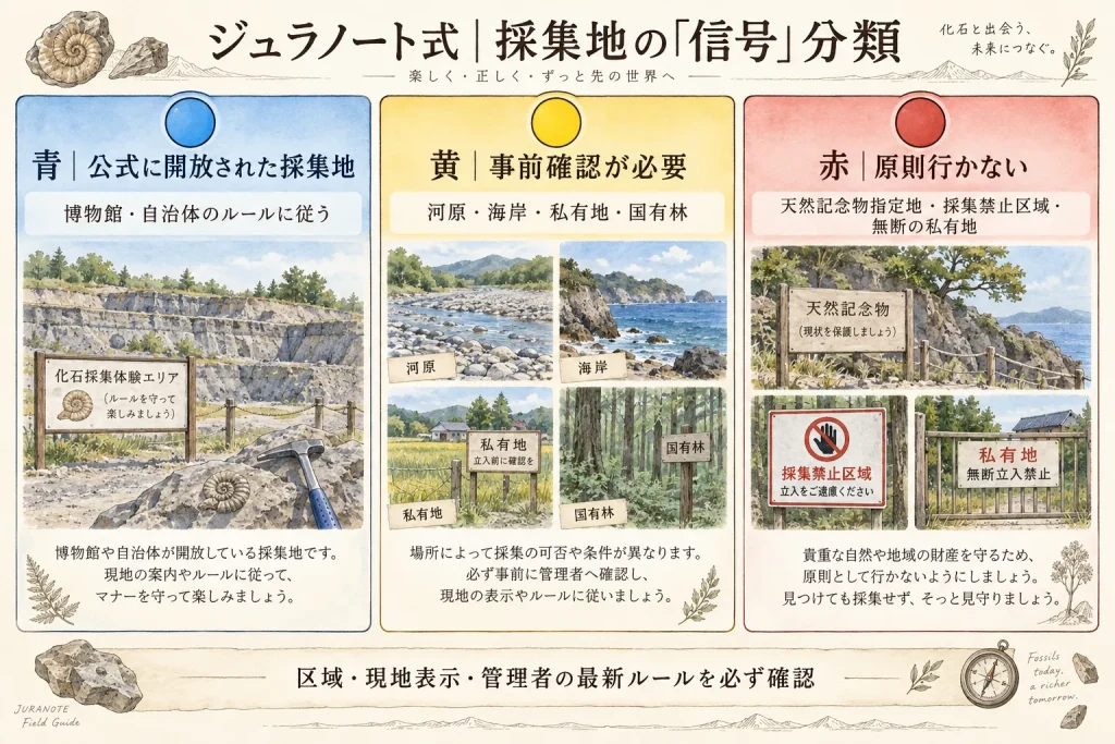 化石採集地を公式採集地・事前確認が必要な場所・避ける場所に分類した図