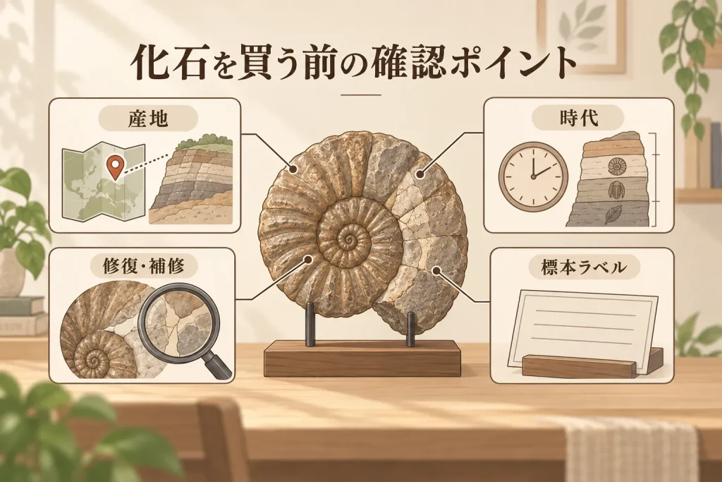 ミネラルショーで化石を買う前に産地・時代・修復・標本ラベルを確認する方法