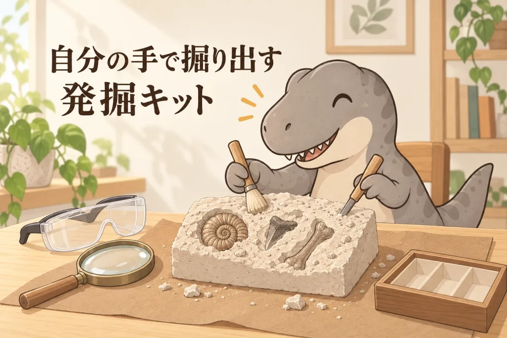 ブラシと道具を使ってアンモナイトやサメの歯を掘り出す化石発掘キット