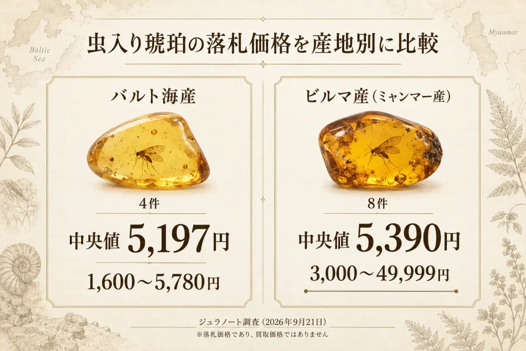 虫入り琥珀の落札価格をバルト海産4件とビルマ産8件で比較した図