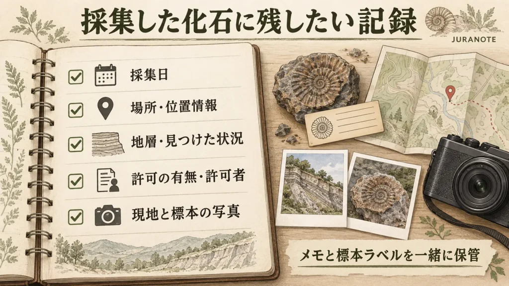 採集した化石に残す採集日・場所・地層・許可者・写真の記録項目