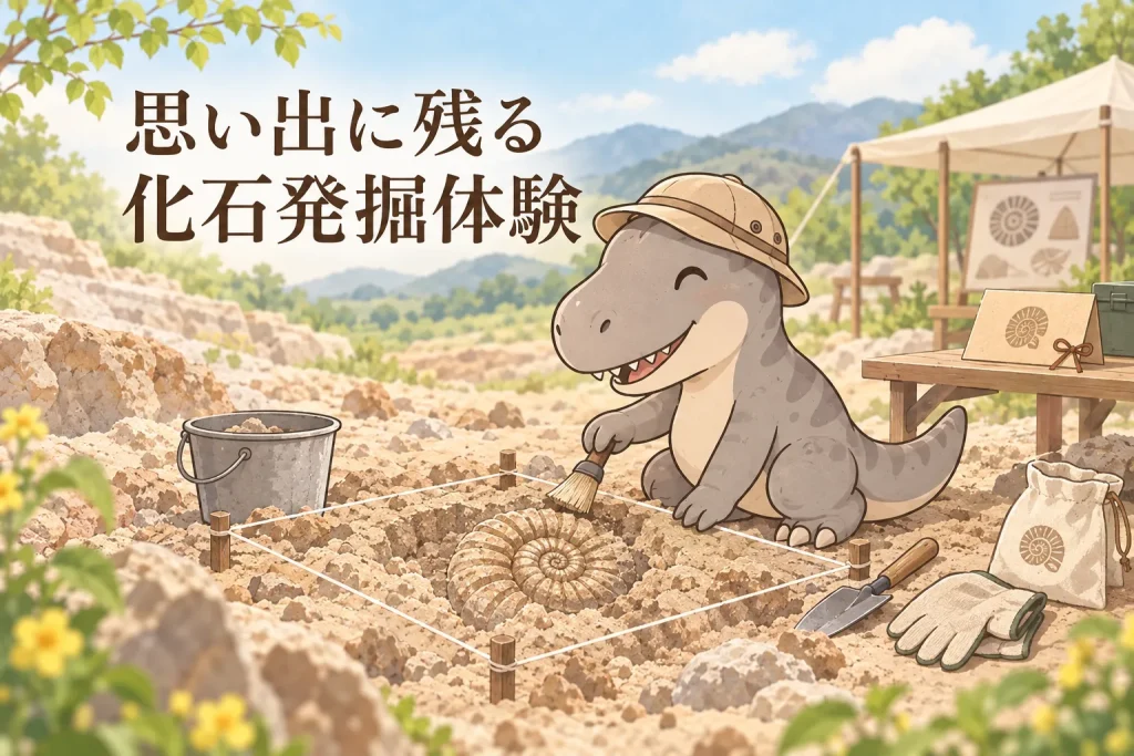 屋外の化石発掘体験で地層からアンモナイトを掘り出すティラノサウルス