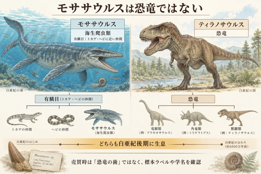 モササウルスは海生爬虫類でティラノサウルスなどの恐竜とは異なることを示す比較図