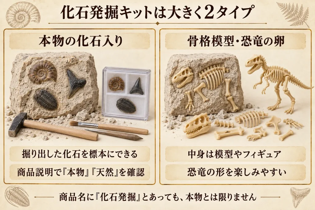 本物の化石入りと恐竜の骨格模型タイプの化石発掘キットの違い