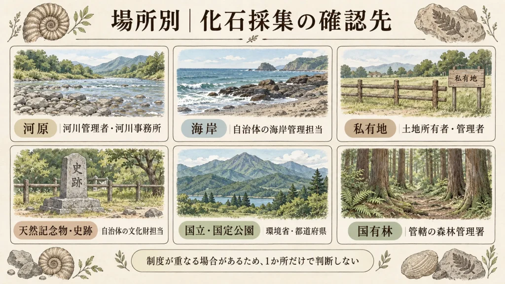 河原・海岸・私有地・天然記念物・国立公園・国有林で化石採集前に確認する窓口