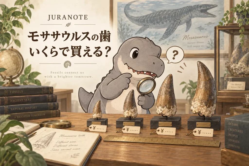 モササウルスの歯の大きさと販売価格を調べるティラノサウルス