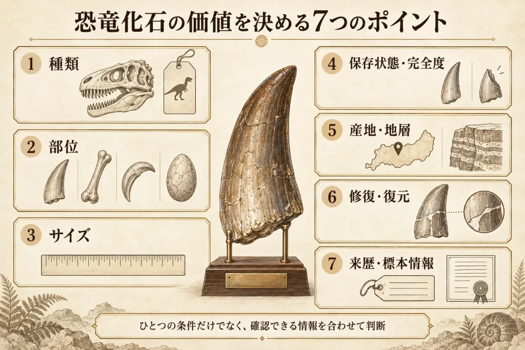 恐竜化石の価値を決める種類・部位・サイズ・保存状態・産地・修復・来歴の7項目