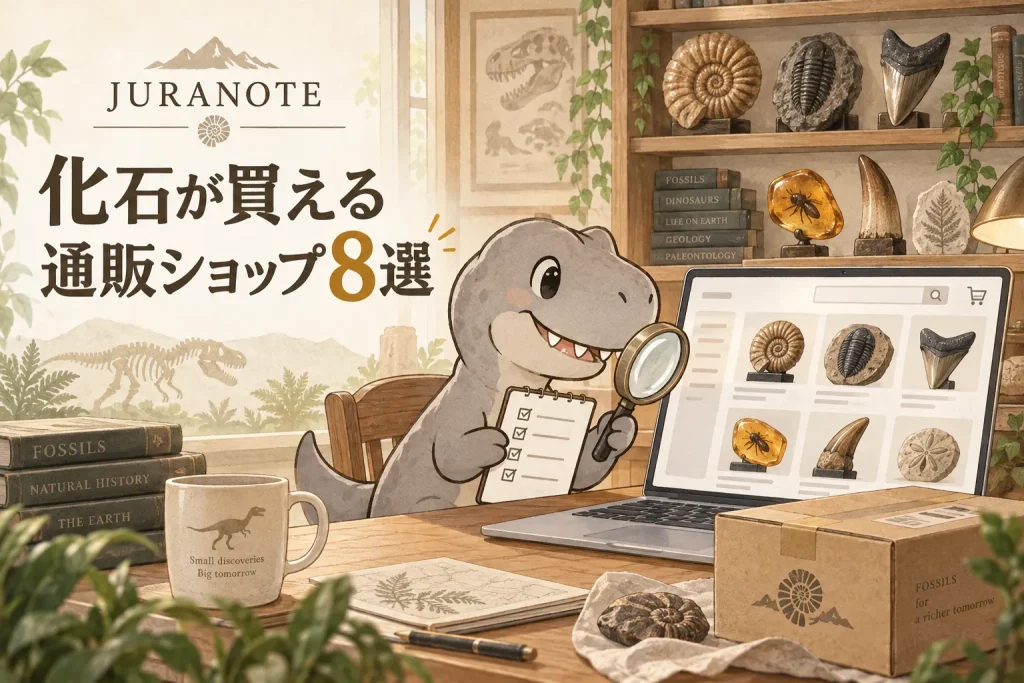 化石が買える通販ショップでアンモナイト・三葉虫・恐竜の歯を比較する様子
