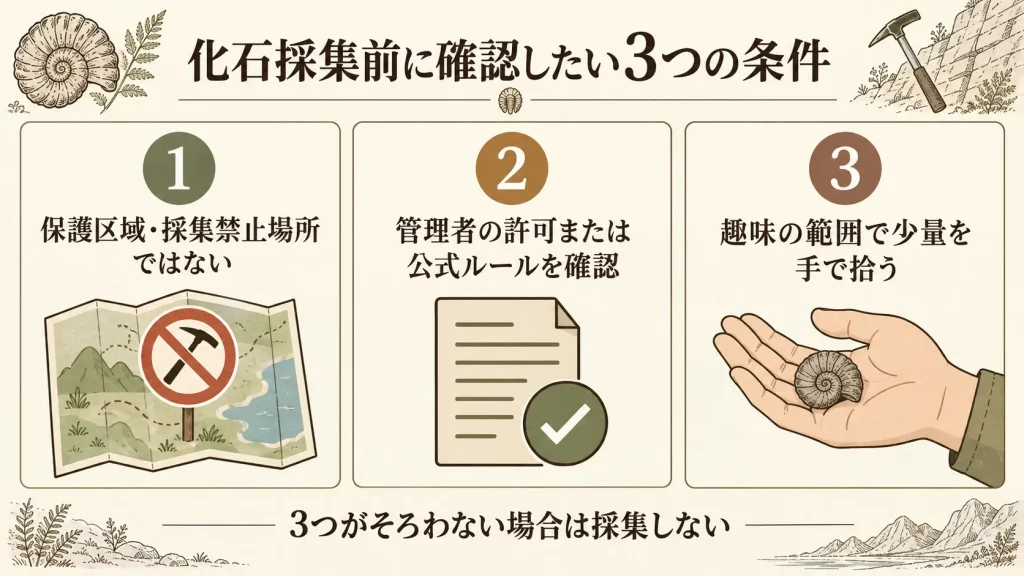 化石採集前に確認する保護区域・管理者の許可・採集量の3条件