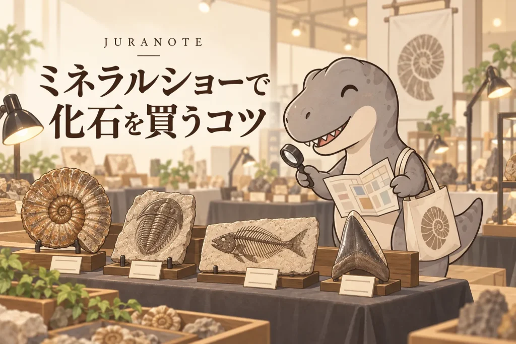 ミネラルショーでアンモナイト・三葉虫・魚化石・メガロドンの歯を比較するティラノサウルス