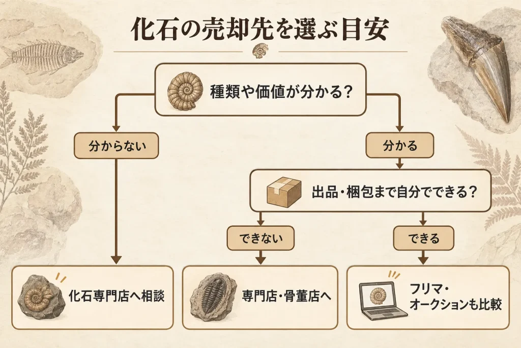 化石の種類や価値と出品・梱包の可否から売却先を選ぶ判断フロー