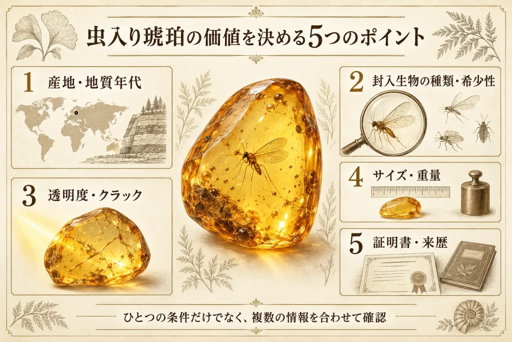 虫入り琥珀の価値を決める産地・封入生物・透明度・サイズ・証明書の5項目