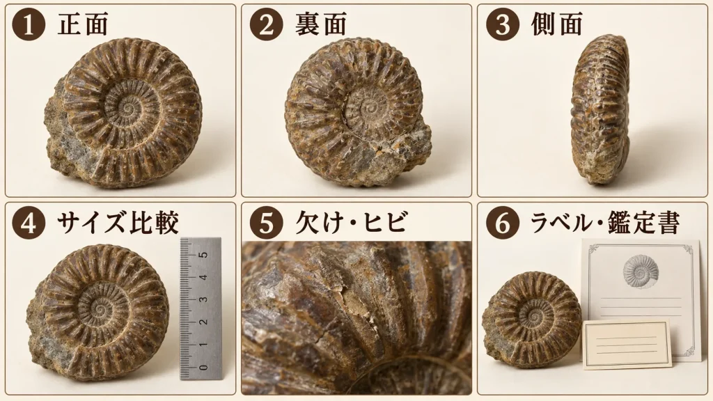 化石の写真査定で撮影したい正面・裏面・側面・サイズ・欠け・ラベルの6カット