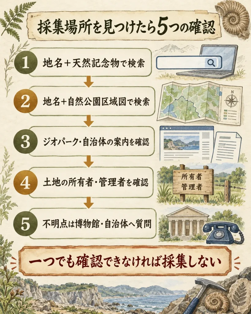 化石採集場所の天然記念物・自然公園・管理者を確認する5つの手順
