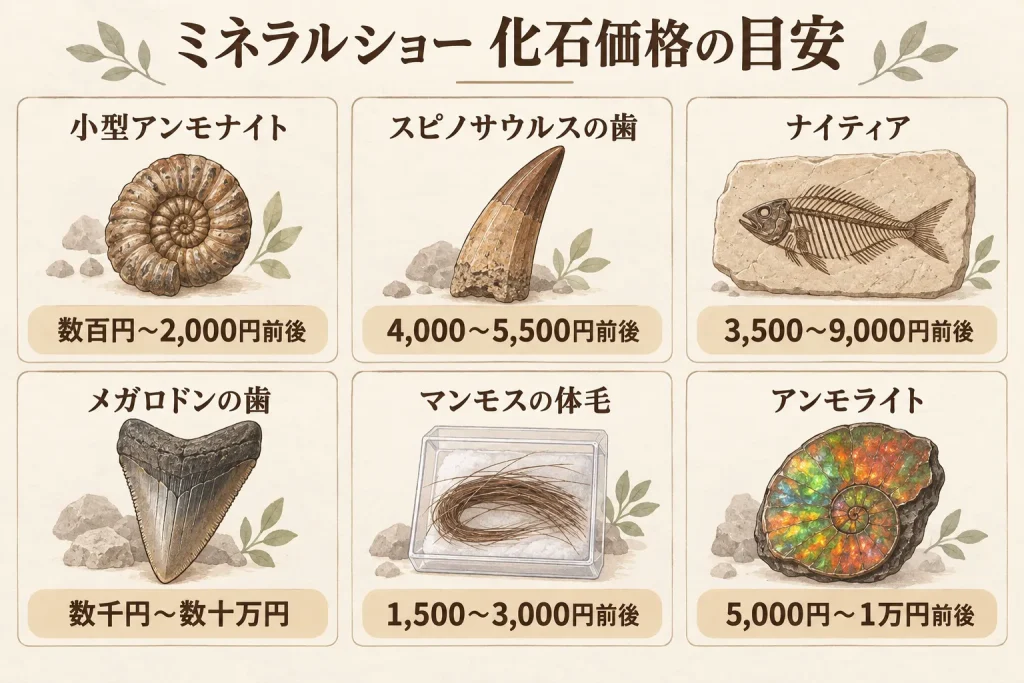 ミネラルショーで販売されるアンモナイト・恐竜の歯・魚化石などの価格目安