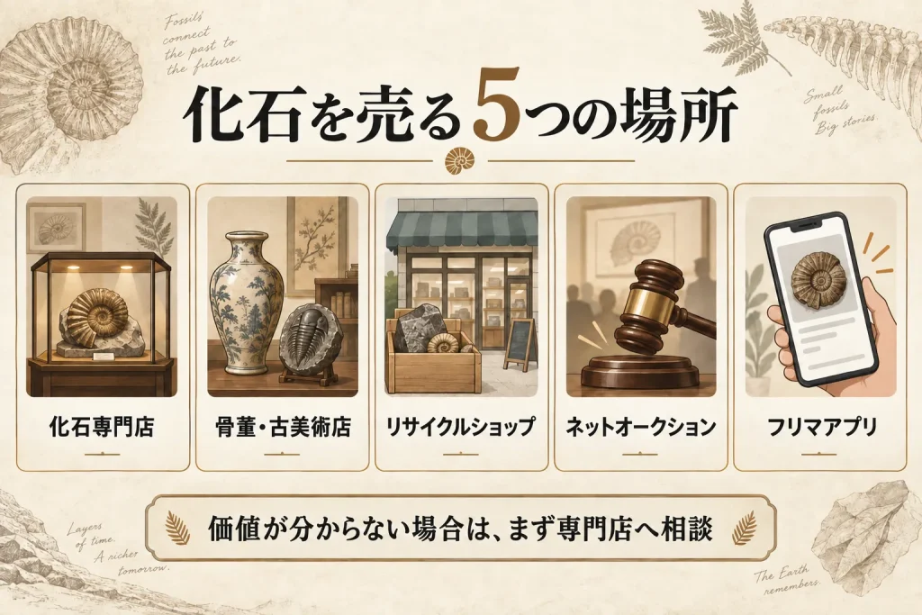 化石を売る5つの場所である化石専門店・骨董古美術店・リサイクルショップ・ネットオークション・フリマアプリ