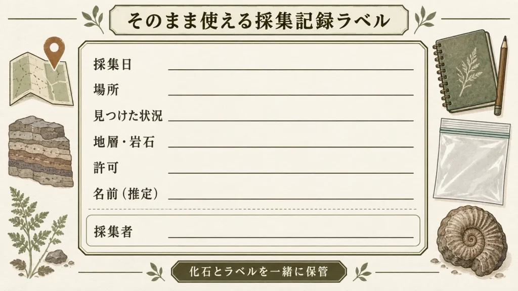 化石の採集日・場所・地層・許可・推定名を記録できる採集ラベル