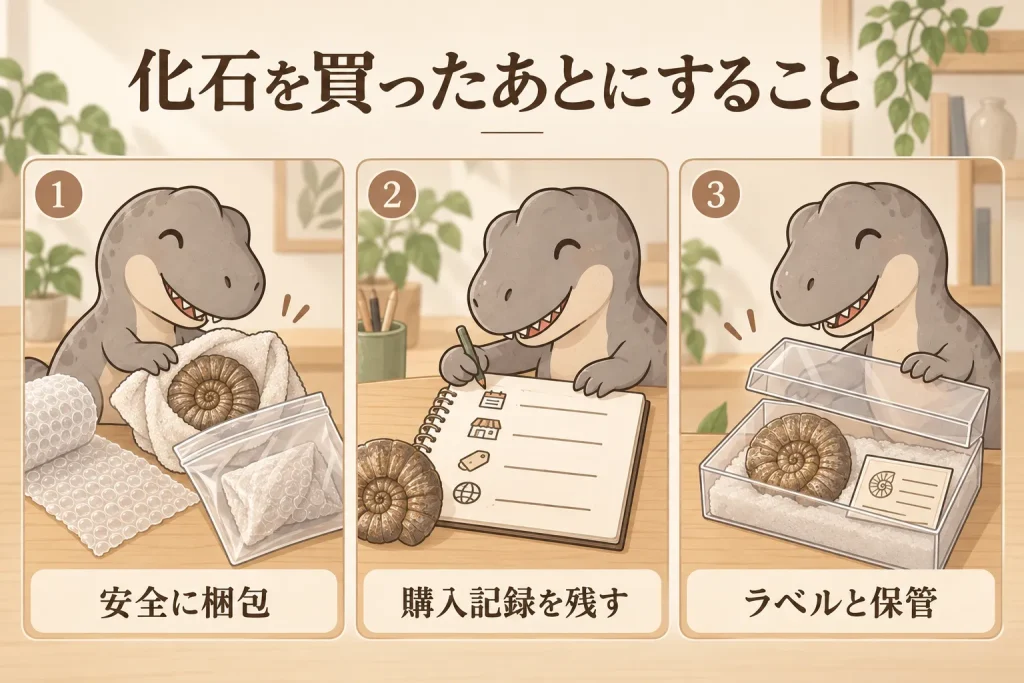 ミネラルショーで購入した化石を梱包し、購入記録と標本ラベルを残す方法
