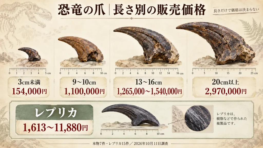 恐竜の爪の化石の値段はいくら？本物の販売価格を国内22件で調査、長さ