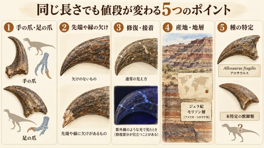 恐竜の爪の化石の値段はいくら？本物の販売価格を国内22件で調査、長さ