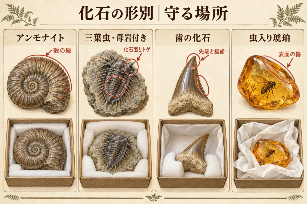 化石の梱包方法｜宅配買取でアンモナイト・歯・母岩付き標本を割らずに